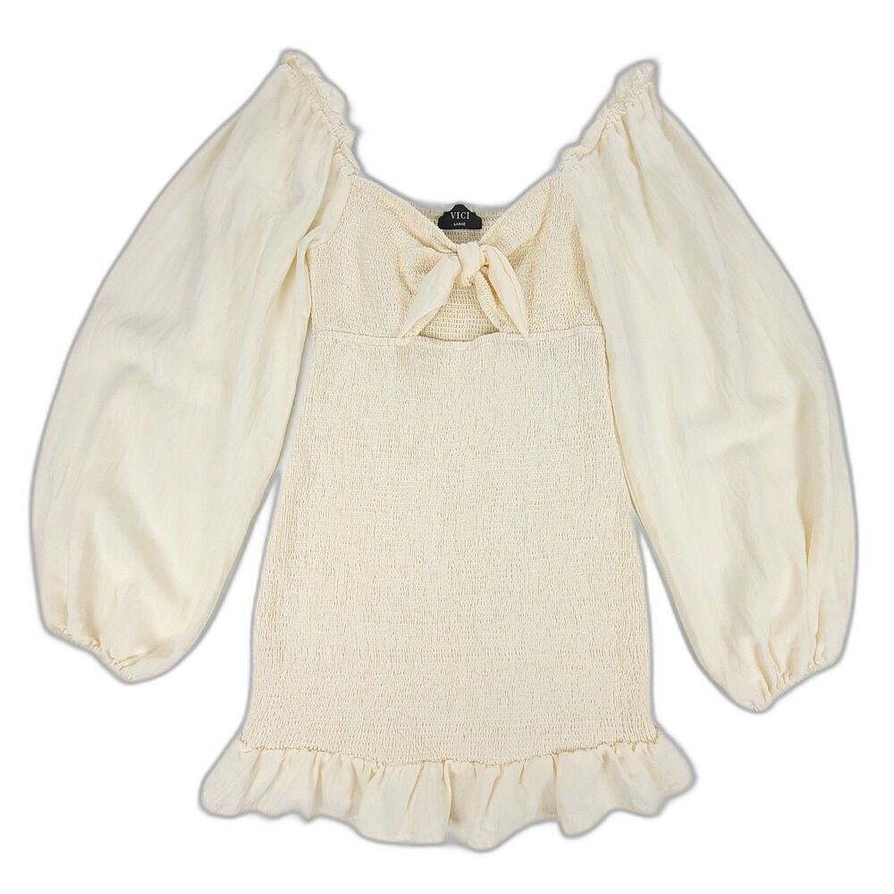 NEW Vici Smitten Cottagecore Balloon Sleeve Smocked Boho Mini Dress Large Cream
